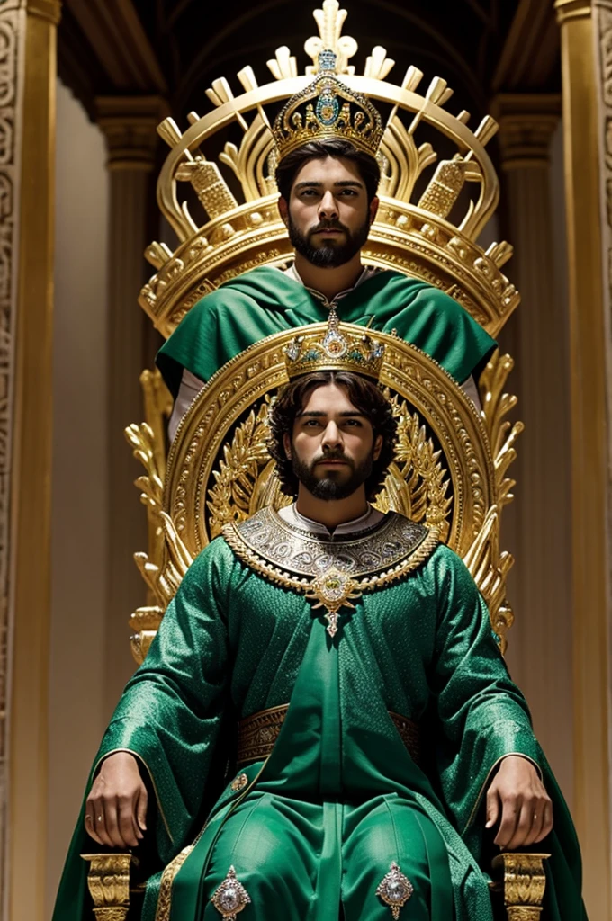 Crear imagen de un rey sentado en su trono con una corona de diamante verde