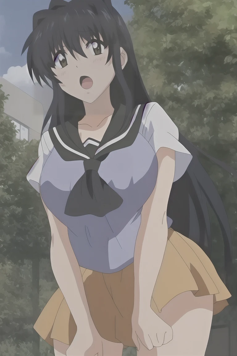 kagome, 1 chica, solo, largo_Cabello, mirando_en_espectador, abierto_boca, negro_Cabello, largo_mangas, Brown_eyes, escuela_uniform, De pie, vaquero_disparo, pleened_falda, al aire libre, cielo, day, marinero_cuello, tree, handkerchief, verde_falda, bosque