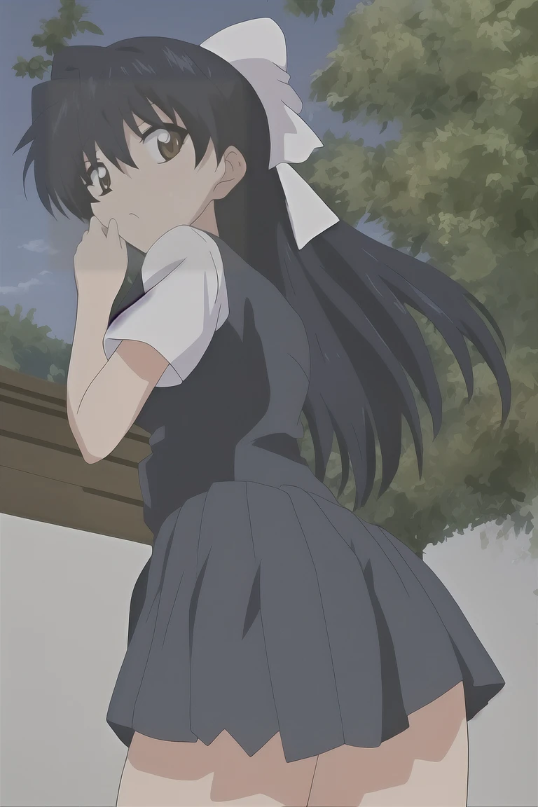 kagome, 1 chica, solo, largo_Cabello, mirando_en_espectador, abierto_boca, negro_Cabello, largo_mangas, Brown_eyes, escuela_uniform, De pie, vaquero_disparo, pleened_falda, al aire libre, cielo, day, marinero_cuello, tree, handkerchief, verde_falda, bosque