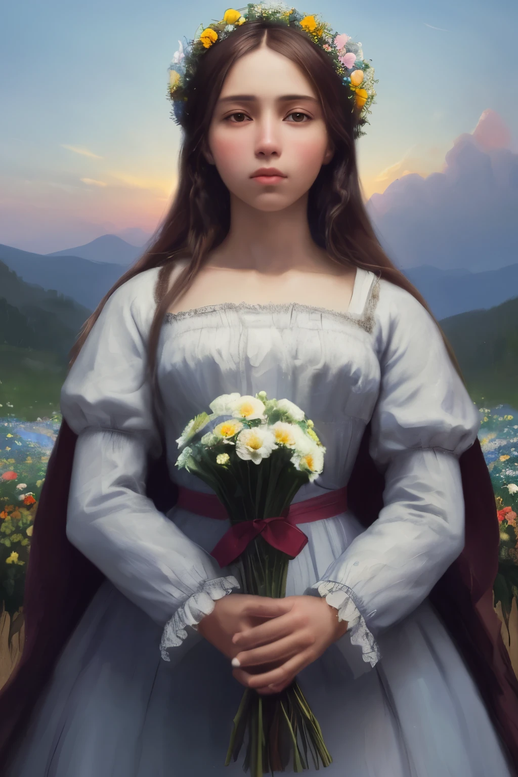 Create a high-definition digital painting (1080px) inspirada na figura de Santa Teresa do Jesus. She should be depicted holding a bouquet of flowers in her hands, with a cross visible in the center of the flowers. A figura de Santa Teresa deve ser majestosa e santa, with a mystical sky in the background.