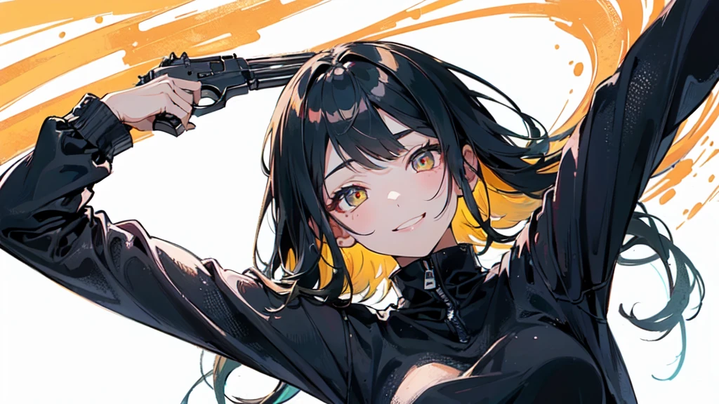(g2h, Put a gun to your head, Pistol, Possession of a gun:1.5), One girl, 
Good details, (Glowing background),
, masterpiece, Highest quality, wide angle super detail, masterpiece, 8k, Natural light, Soft lighting, sunlight, High resolution (High Dynamic Range), Maximum clarity and sharpness, Multilayer Texture,Mischievous smile