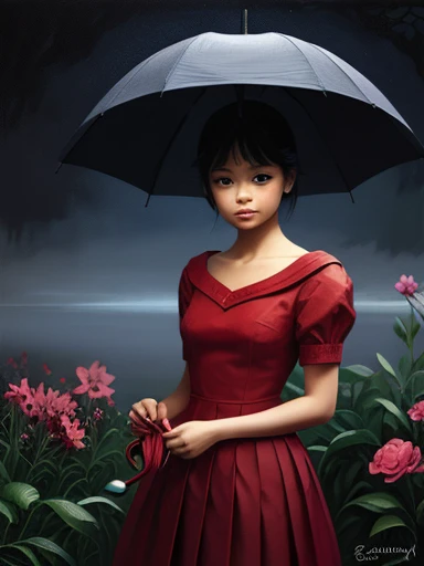 painting of a girl in a red dress holding an umbrella, grayscale phtoto with red dress, mood painting, speedpaint, inspired by Mead Schaeffer, speedpainting, inspired by Ayako Rokkaku, color study, speed painting, rain red color bleed, inspired by Goyō Hashiguchi, by Shingei, umbrella goat origami style in the style of esao andrews,esao andrews style,esao andrews art,esao andrewsa painting style of esao andrews, andrews esao artstyle, inspired by Esao Andrews, esao andrews ornate, by Esao Andrews, esao andrews, inspired by ESAO, by ESAO, lori earley, shrubs and flowers esao andrews, benjamin lacombe, 1girl, bug in the style of esao andrews, esao andrews . paper art, pleated paper, folded, origami art, pleats, cut and fold, centered composition