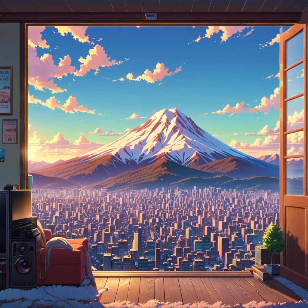 ((anime:1.4,illustration)),(masterpiece, top quality, best quality),(ultra-detailed, absolutely resolution),((16k, high res)), (((drilled snowy mountain, blue sky, city reflected in the hole)), ((landscape, wide shot, long shot)) ((cozy lofi illustration:1.4)), ((anime:1.4, illustration)),(masterpiece, top quality, best quality),(ultra-detailed, absolutely resolution),((16k, high res)) BREAK {lofi art, style of Laurie Greasley, style of Makoto Shinkai, anime aesthetic}, BREAK { (produces images with information than 40 million pixels with cinematic-like detailed textures shot on a Sony SLR).}