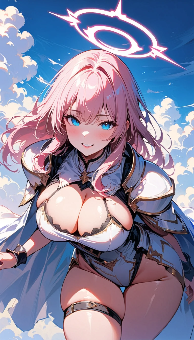 (high quality, 8k, 4K, high contrast, artwork:1.2, high quality, best aesthetics), (dynamic angle), ((1 woman)), erotic, sensual, mature body, super detailed, beautiful face detailed, beautiful eyes detailed, detailed beautiful mouth, sexy body, perfect breats, perfect wide thighs, light pink hair, long light pink hair, wavy light pink hair, blue eyes, white medieval armor with sexy pink details, cleavage, shoulder pads, long white cape, exposed thighs, exposed belly, pink angel halo, smiling, calm facial expression, standing erect, looking at the viewer, centered, above the clouds, clear sky.