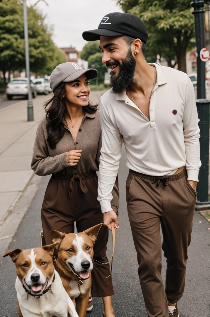 A couple walking dogs he is tall thin white with a beard and dark eyebrows and a cap she is short with chocolate hair and tan skin smiling with dimples on her cheeks and piercing in her nose body animated