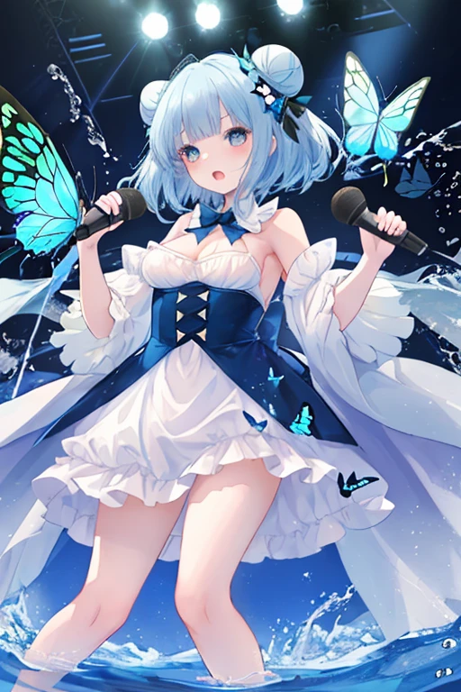girl,cute,water色のふんわりロングヘアー,Bun on top,Jewel-like eyes,Big Breasts,A fluffy dress that looks like a uniform,Miniskirt,water,water色のbutterflyの髪飾り,butterfly,microphone,singer.stage,Small Robe,My chest is a little visible,I can see your chest,Big Breasts,白い丸いbutterflyの飾りがついたペット