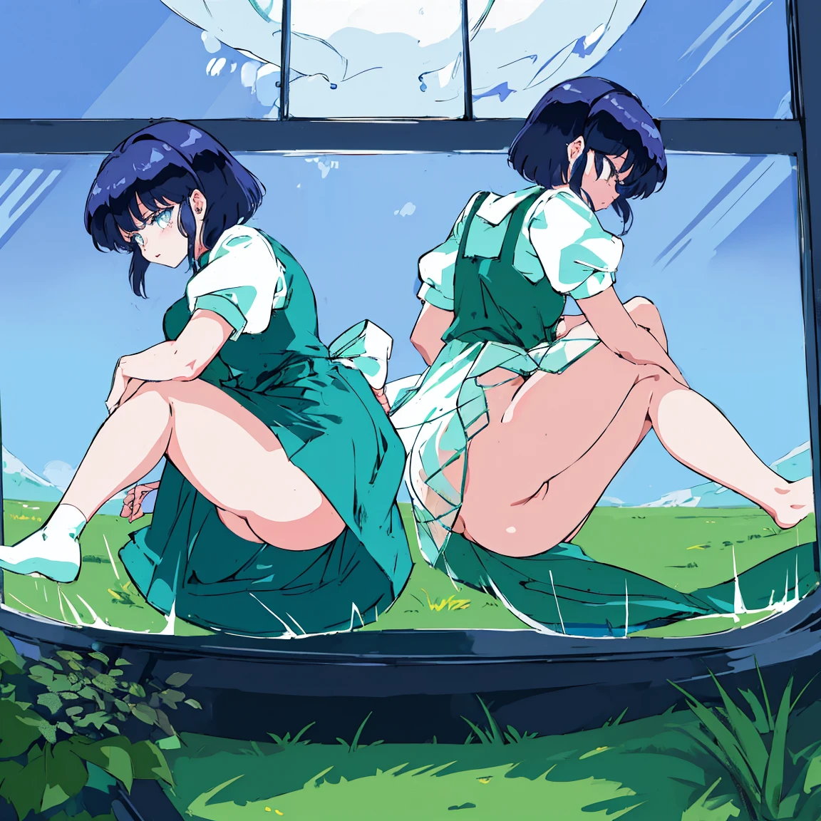 ???? on grass,??? on glass, ????? on glass, from below, sitting
,akane, TendouAkane, (((furinkanuniform))),(((no panties))),(((??? on glass)))