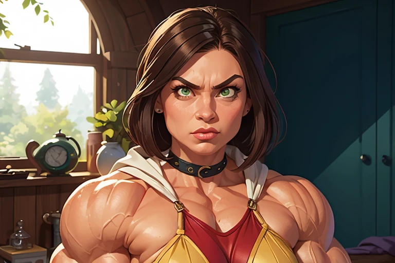 (masterpiece:1.2), (best quality), (ultra detailed), (8k, 4k, intricate),(full-body-shot:1), (highly detailed:1.2),(detailed face:1.2), (detailed background), muscle woman with brunette hair, woman with huge muscles, mature woman, stern expression, green eyes