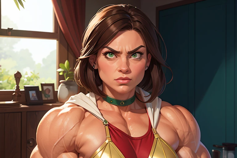 (masterpiece:1.2), (best quality), (ultra detailed), (8k, 4k, intricate),(full-body-shot:1), (highly detailed:1.2),(detailed face:1.2), (detailed background), muscle woman with brunette hair, woman with huge muscles, mature woman, stern expression, green eyes