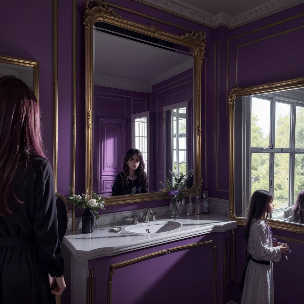 Chapter 7: A Nova Realidade"Caroline, agora com a alma de Violet em seu corpo, is looking into a large mirror in a dark room of the mansion. No reflexo, she sees Violet's face smiling triumphantly. Ao fundo, o corpo paralisado de Ben (Luke) is sitting in a chair. Caroline has an expression of horror and despair upon realizing her new reality.. The lighting is gloomy, refletindo o tom sinistro da cena."