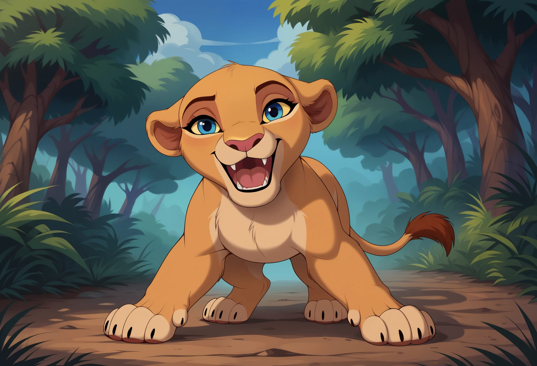 score_9, score_8_up, score_7_up, score_6_up, rating_safe, source_furry, disney, lioness, young female, (young nala), standing, solo, feral, (4 toes), weak paw, blue eyes, (lidded eyes:1.0), cub, (smile:0.3), open mouth, fang, white teeth, playful, looking at viewer, (dewclaw:0.5), 