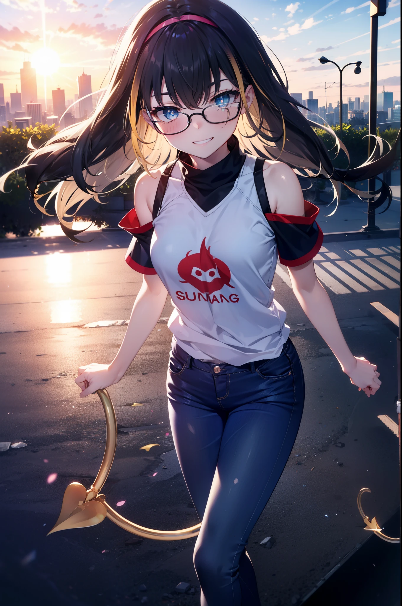 small, small, Black Hair, blue eyes, demon tail, hair band, Long Hair, mechanical tail, Multicolored Hair, tail, smile,Grin,tooth,Black-rimmed glasses,Cold shoulder tops,Short sleeve,Skinny jeans,Stiletto heels,morning,morning陽,The sun is rising,Walking,whole bodyがイラストに入るように,
break looking at viewer, whole body,
break outdoors,Building district,
break (masterpiece:1.2), Highest quality, High resolution, unity 8k wallpaper, (figure:0.8), (beautiful detailed eyes:1.6), extremely detailed face, Perfect lighting, extremely detailed CG, (Perfect hands, Perfect Anatomy),