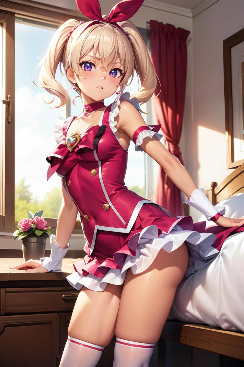 (Tabletop, Highest quality, Super detailed), One Girl, Purple eyes, Blonde Hair, Dark Skin, Short Hair、Perm Hair、((Thigh-high socks))、(Bedroom)、((Cure Melody))