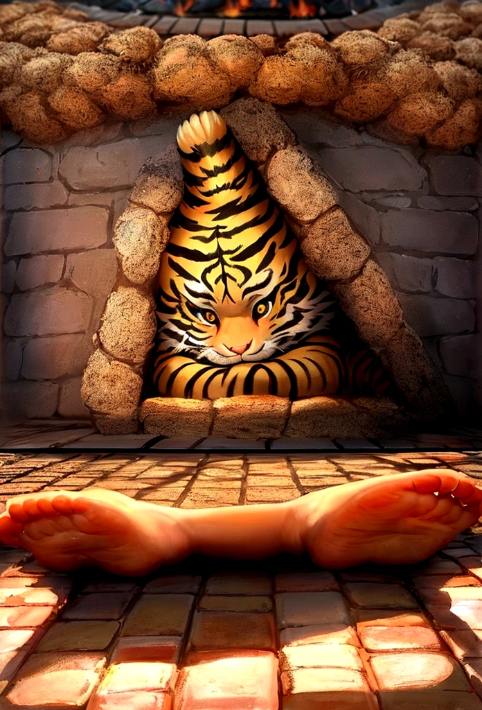 Baby tiger lying in front of the fireplace、A fun atmosphere