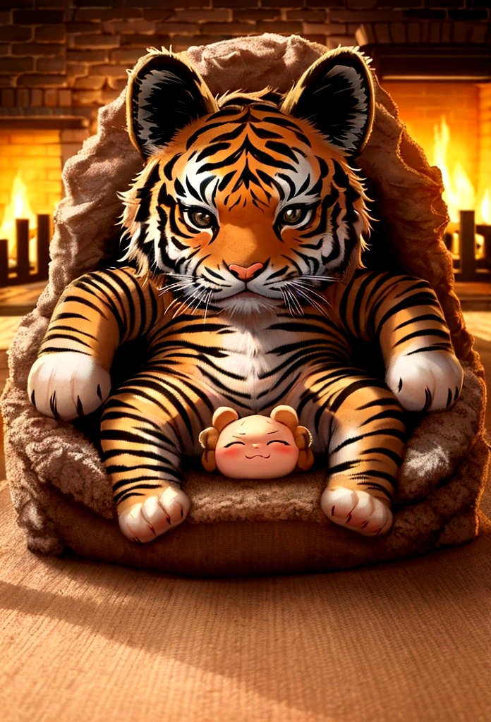 Baby tiger lying in front of the fireplace、A fun atmosphere
