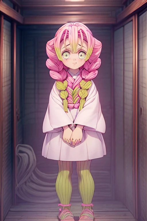 Clean background、Stand upright and symmetrically, Show Viewer,1 female,Black Hair, ,,Good style,,(look forward to)(((Blushing、Surprised expression)),,(((Evenly space your bangs)))Full body image、look forward toいる、Stand upright and symmetrically,Show Viewer,Full Body Shot, mitsuri kanroji