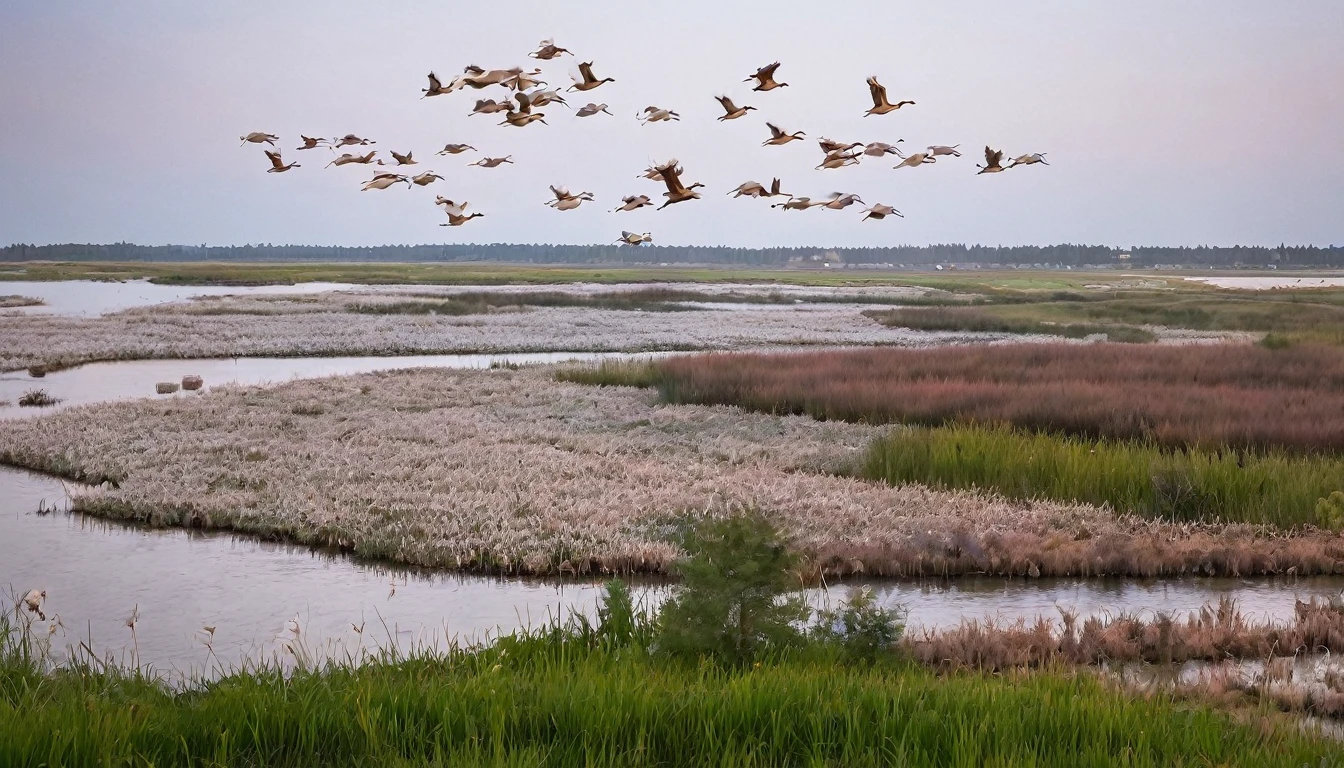 Sunset，Golden，Sunset，Golden，wetlands，There is green grass，red grass，water，Elk，Elk，Elk，Elk，Swan flying in the sky，Swan flying in the sky高清，Swan flying in the sky，8k，raw，International Masterpieces of Photography，