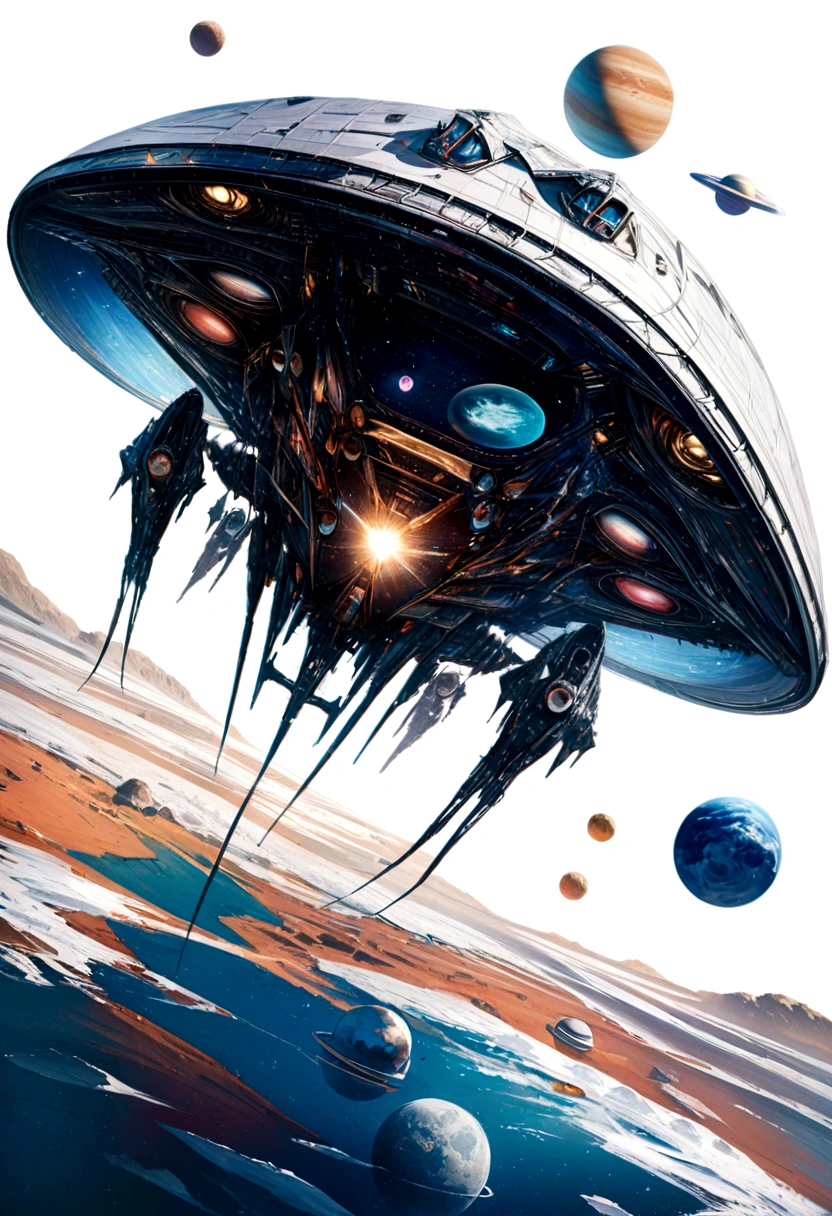 Futuristic alien spaceship, Flying over Xalood with new planets in space, White Sky, White backlight, Sateen,zipper, hyper realistic, Highly detailed,8K,With a clean white background