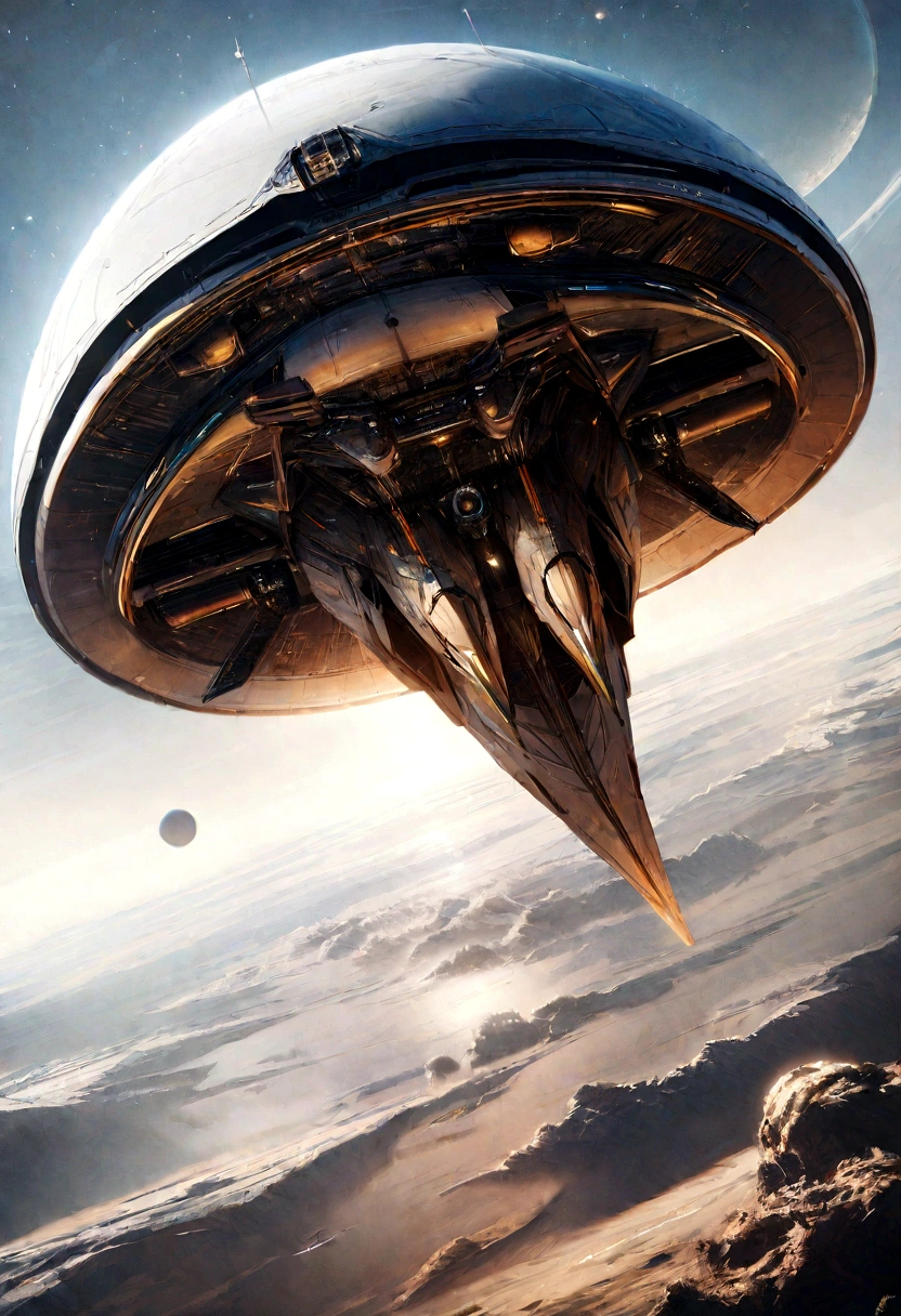 Futuristic alien spaceship, Flying over Xalood with new planets in space, White Sky, White backlight, Sateen,zipper, hyper realistic, Highly detailed,8K,With a clean white background