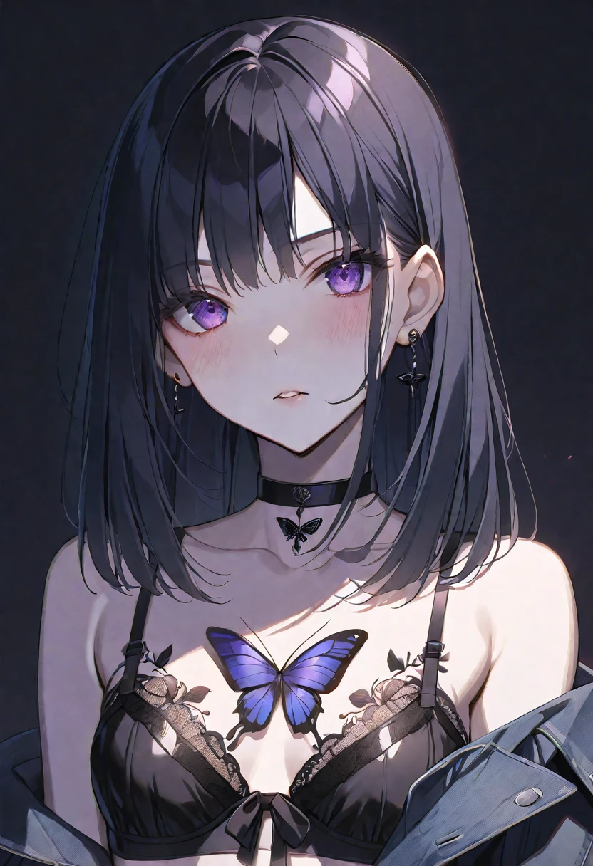 solo, handsome,
1. Female,
Hime cut,Straight Hair,Bob Hair,
black hair,
Nakano Yotsuba,
purple Eyes,Soft look,beautiful,beautiful,Sexy,Darkness,butterfly Tattoo,Lots of black earrings,choker,
black Off Shoulder,black Distressed jeans,Show Bra,
skin,Black Rose,
black バー background,