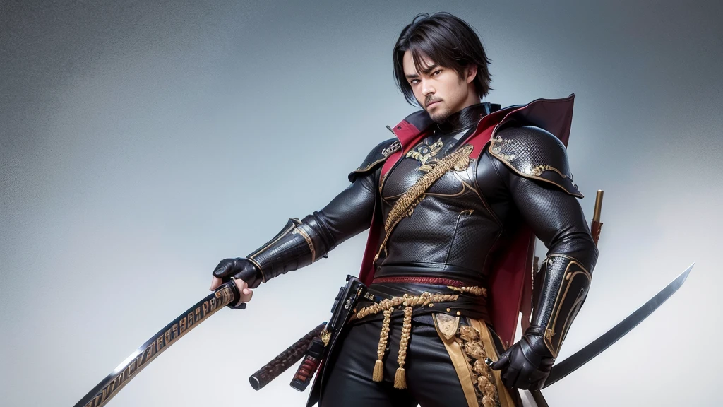 a man with a katana in his hand , musculoso, vertical view, imagem do corpo pra cima