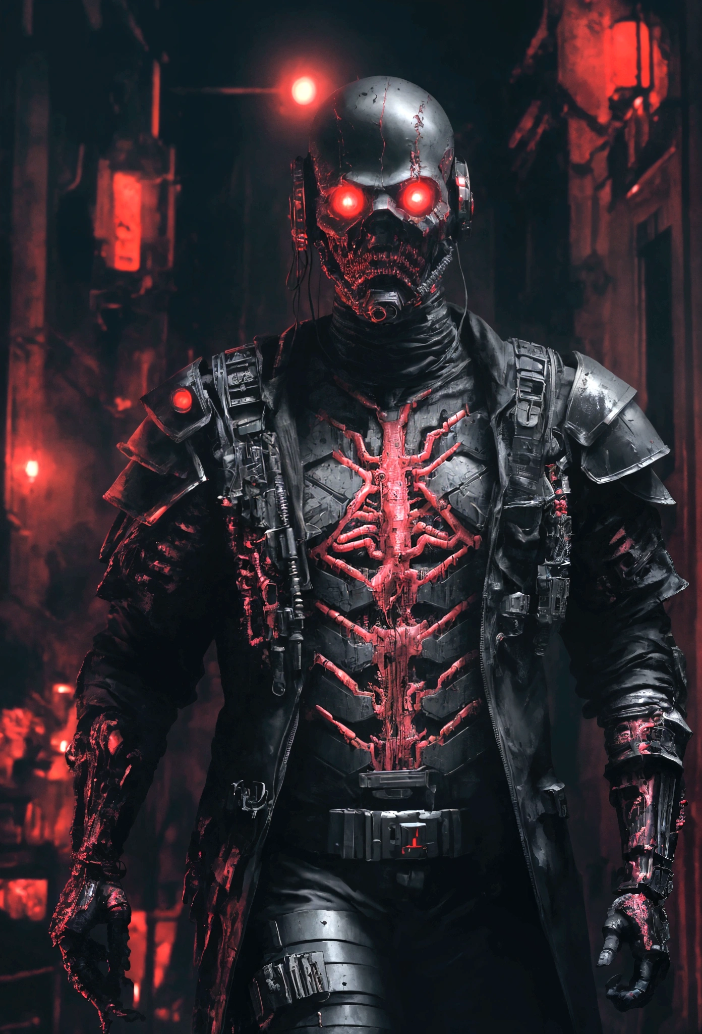 (extremely detailed 8k wallpaper), a medium shot photo of cyberpunk scary Grim dressed as a dirty supervillain in an armour made of red glowing wires from marvel, horror theme, intricate, high detail, dramatic, old scary building in the background