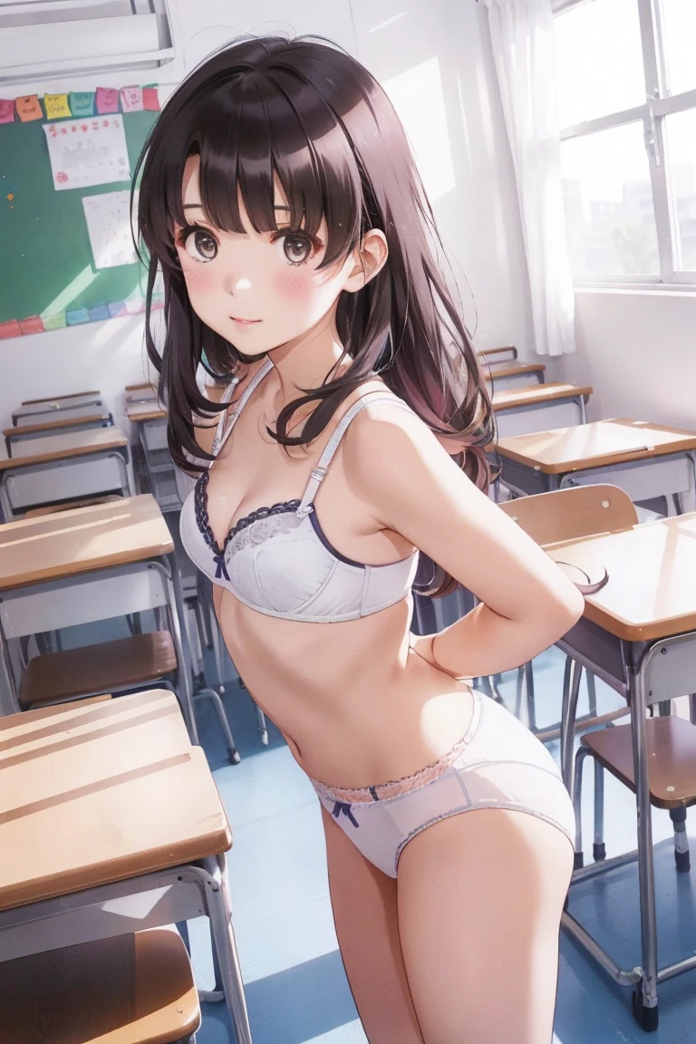 high quality、((1 ))、Cute hairstyle、colorful hair dye、classroom、((((Cute white panties、Cute Bra)))), ((Put your hands behind your back, Hands are hidden)), (((Put your arms behind your back, )))