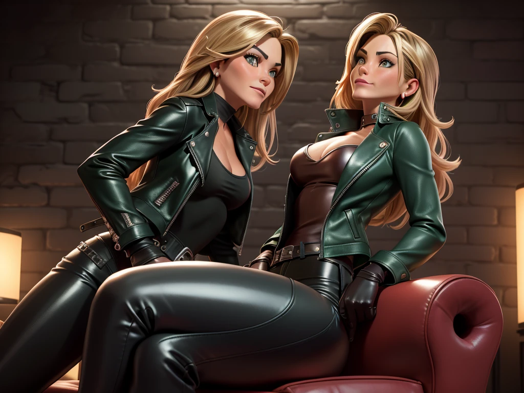 obra prima, melhor qualidade, ((jennifer aniston, courteney cox,)) head back, sassy wicked girl, open mouth, big teeth smile, thick smoky black eye shadow, long fake eyelashes, sultry eyes, ((metallic brick red leather biker jacket,)) ((leather blazer jacket,)) biker jacket has stiff collar, leather blouse, ((green pvc skinny pants,)) studs zippers snaps, shiny leather gloves, nip slip, body is skinny, laying down kissing each other on sofa, shiny tight buttocks, arched back, mashing breasts, camera view of whole body, looking up at me, shallow depth of field, highres, HD, 8k, anatomically correct