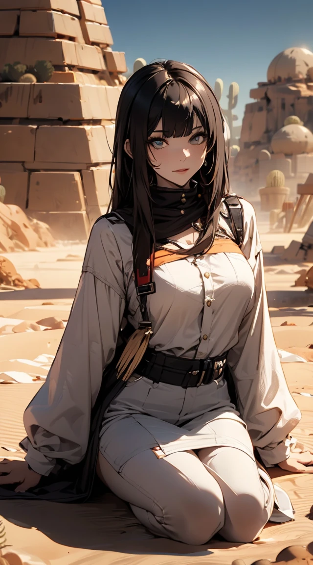 ((In the desert:1.5)), Mature woman with long hair and white clothes, (Rest in an oasis:1.2, Sitting:0.0), Arabic, Post-apocalyptic, From Arknights, Gweiz-style artwork, bodybian, Fine details. Girls&#39; Frontline, Beautiful anime illustrations, from Girls&#39; Frontline, Jan J, amazing, 26 years old, (alone:1.5), (SFW:1.25), Saggy breasts, Large Breasts, big , Narrow waist, big ass, Raised to be sexy, (Dark mahogany medium long hair, Updo, Hair on one eye, Asymmetrical Hair, Curly Hair, Lo-tai),(Muslim, Head scarf, hair band, Today my head, turbaned), (Ultra-high resolution, 8k RAW photos, Photorealistic, Weak outline:1.3, Clear focus), Highest quality, Natural light, Blurred Background, Depth of written boundary, (Bright Eyes, Beautiful eyes in every detail, A face with attention to detail), Red lips, Looking at the audience, (Tight Focus:1.2, From above), Sexy pose, Seductive Weak々A beautiful smile, Center image, (Wearing a white long jacket and clothes, Wearing shorts, Gold ornaments, White clothing tied around the waist, Camel brown long leather boots, Translucent lace pantyhose), ((Correct Anatomy:1.5)), ((Outdoor:1.2)),