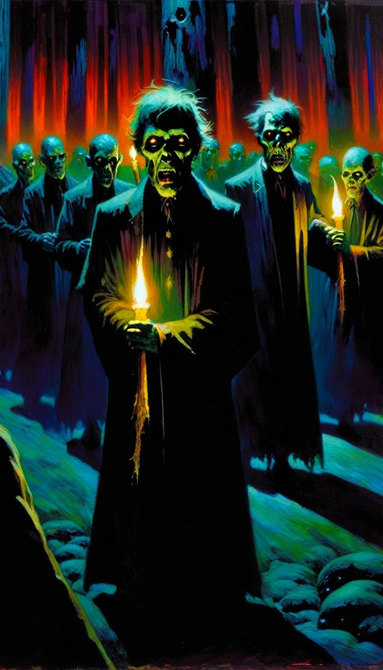 The holy company is a procession of zombies, in two lines and each one carries a candle in their hands, thus they travel the dark paths of the night forest (art inspired by Bill Sienkiewicz). oil painting)
