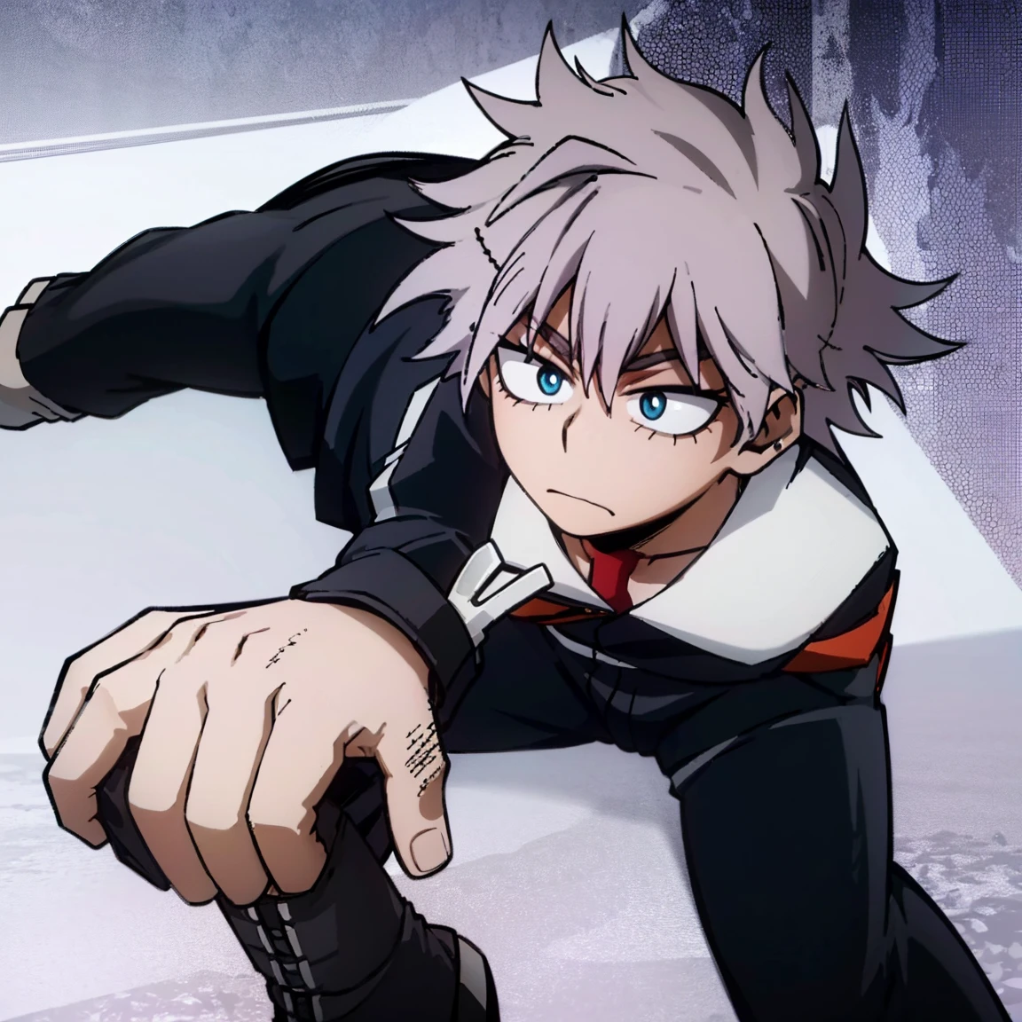 1boy, male focus, boku no hero academia, masterpiece, best quality, very aesthetic, muscular body, spiked up hair, faded purple hair, blue eyes, frown, gray jacket, red tie, white shirt, teal pants, boots 