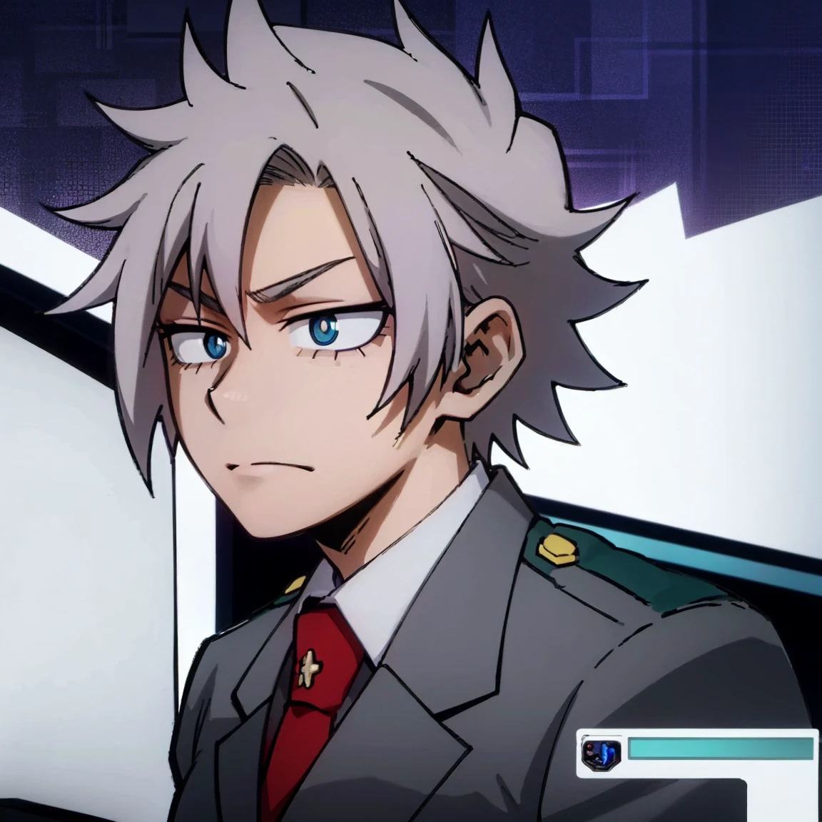 1boy, male focus, boku no hero academia, masterpiece, best quality, very aesthetic, muscular body, spiked up hair, faded purple hair, blue eyes, frown, gray jacket, red tie, white shirt, teal pants, boots 