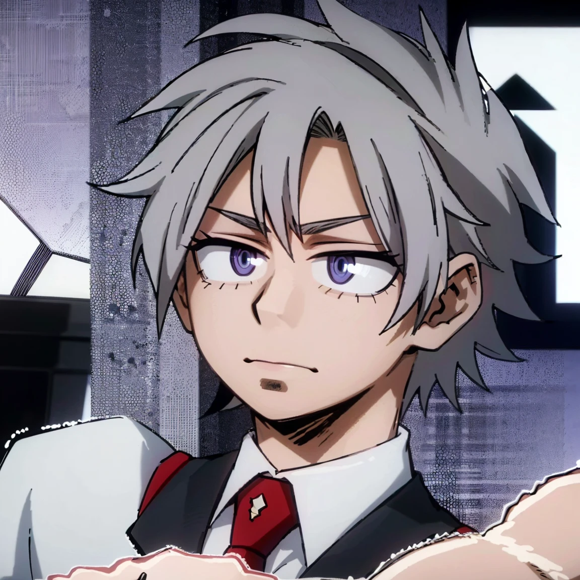 1boy, male focus, boku no hero academia, masterpiece, best quality, very aesthetic, muscular body, spiked up hair, faded purple hair, blue eyes, frown, gray jacket, red tie, white shirt, teal pants, boots 