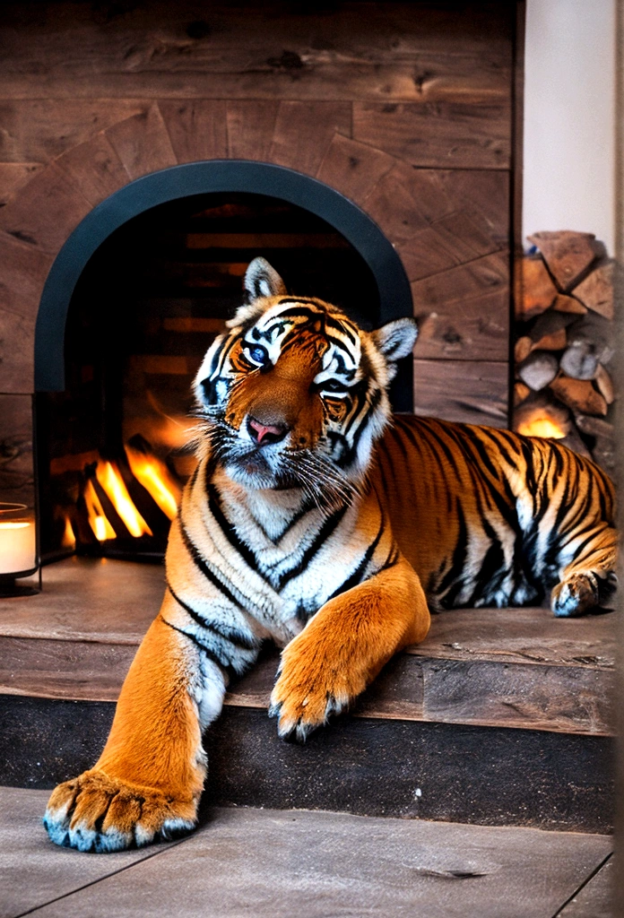 Baby tiger lying in front of the fireplace、A fun atmosphere