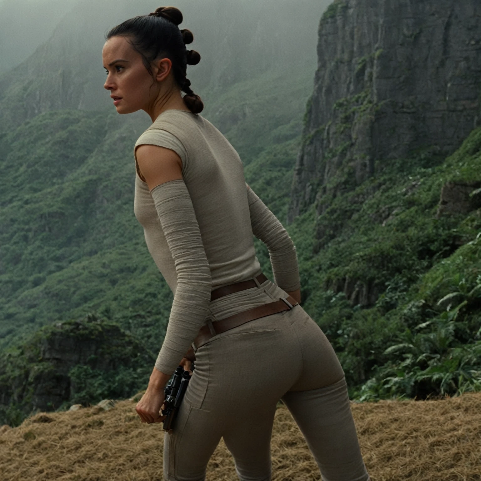 cinematic film still rey, highly detailed, high budget Hollywood movie by barry jenkins, ((she is showing her very small ass)), (nsfw), solo 1 woman, ass is focus but its still covered in the pants, (sideprofile), rey wears her outfit without scarves, very flat small  boobs covered behind the clothes, the foto is shot from the side and shows rey