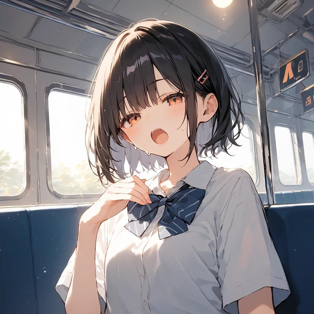 score_9, score_8_up, score_7_up, source_anime, best quality, masterpiece,ultra-detailed,official art, absurdres, highres, waifu2x, break,1girl, school girl, short hair, beautiful detailed eyes, sit, open mouth, (yawn:0.3), sleepily,night, train, break,(clear line illustration:1.2),very high resolution, very aesthetic, super detailed skin, Best sexual lighting powered by famous artist, 8k,ero picture,beauty illustration,photoshop_(medium),,(Detailed Lighting),