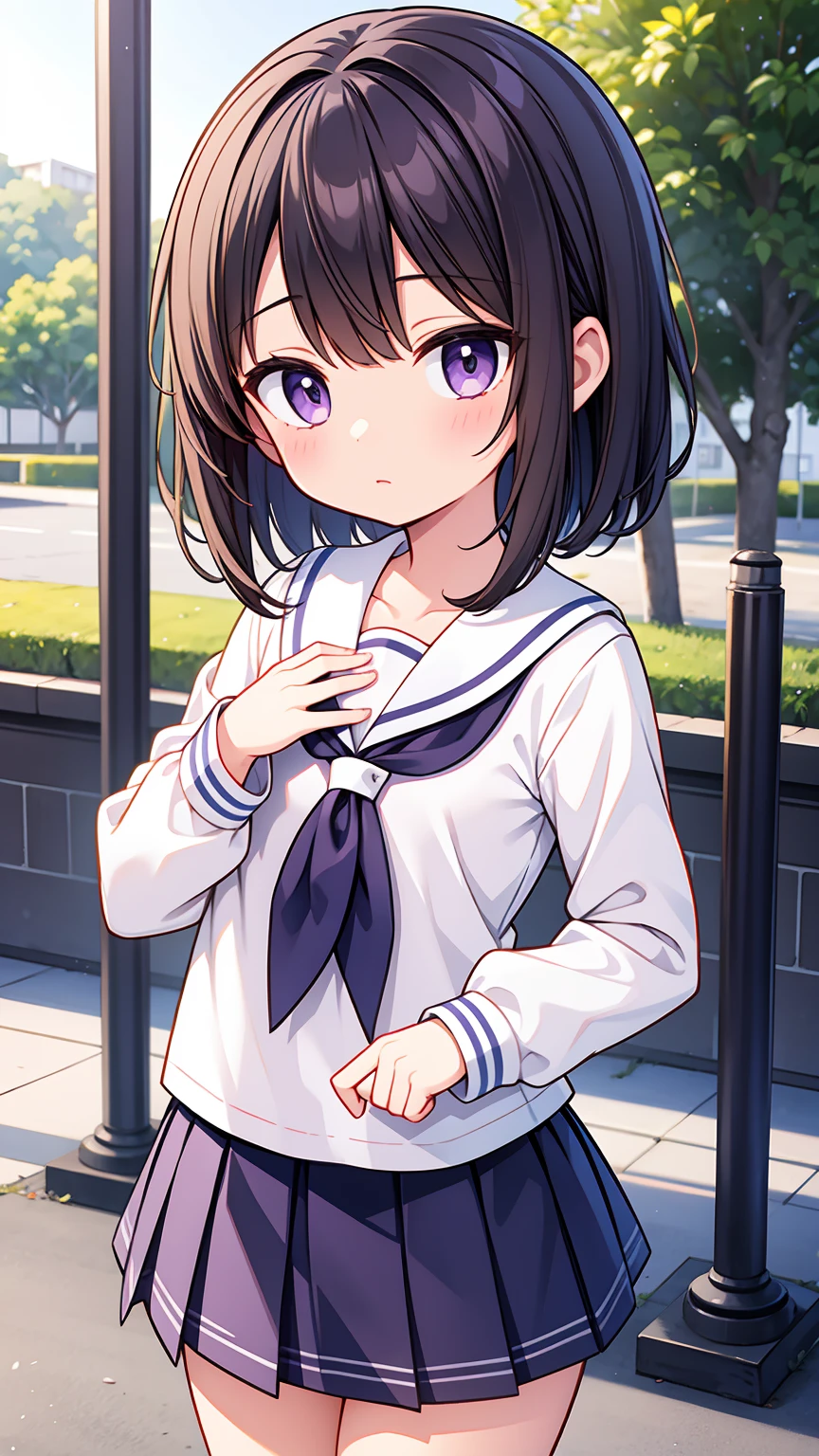 (High quality), (masterpiece), (very detailed), girl, (small chest:1.6), short brown hair, purple eyes, shy face, primary school girl, white blouse, black skirt with pleats, (loli), showing her thighs, on the school yard, sunny, school girl, (sailor uniform), confessing his love towards the viewer, spectator looked under her, adorable eyes, (school uniform), (short skirt)