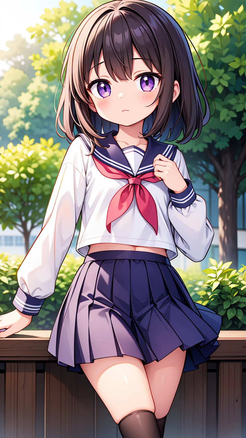 (High quality), (masterpiece), (very detailed), girl, (small chest:1.6), short brown hair, purple eyes, shy face, primary school girl, white blouse, black skirt with pleats, (loli), showing her thighs, on the school yard, sunny, school girl, (sailor uniform), confessing his love towards the viewer, spectator looked under her, adorable eyes, (school uniform), (short  skirt)