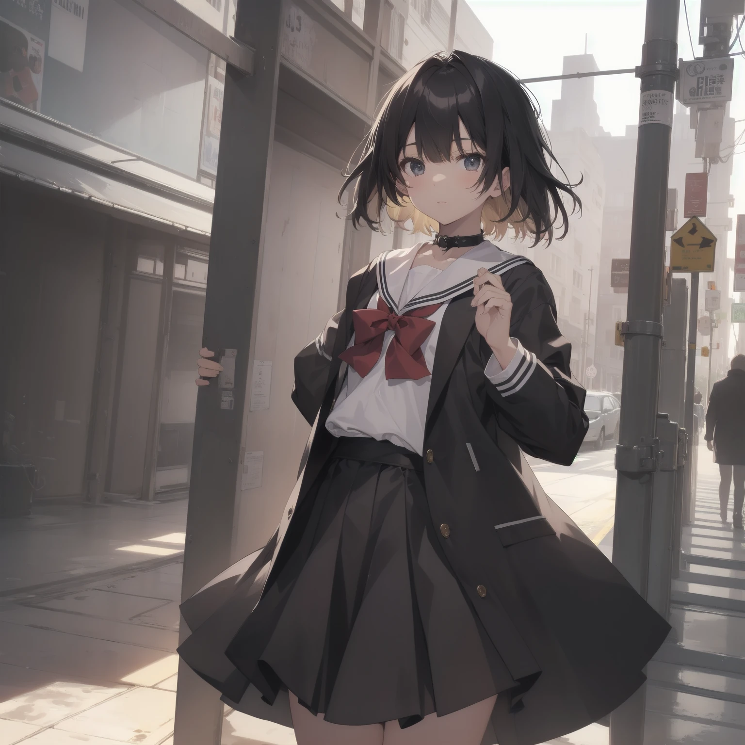 ultra-absurdres-Top quality by artist God, ultra-detailed, high resolution, anime moe artstyle, best anime 8k konachan wallpaper, pixiv contest winner, pool:2810, perfect anatomy,break, 1girl, (Please draw a girl walking sleepily to school alone. )break,(Solo,little female, 13-year-old:1.3),Full limbs, complete fingers,a junior high school student, (very short hair), short cut, flat chest, , small butt, small black eyes, beautiful detailed eyes, well-proportioned iris and pupils, expressive eyes, highres detailed hair, soft expression, salor school_uniform, sailor collar, serahuku, bow, pleated skirt,(Detailed Lighting), (Detailed background), in the School commute route. break,super detailed skin, Best cinematic lighting powered by famous artist, 8k,beauty illustration,photoshop_(medium),very aesthetic,break,((artist:takafumi )), artist:clamp ,artist:carnelian ,artist:kantoku ,
