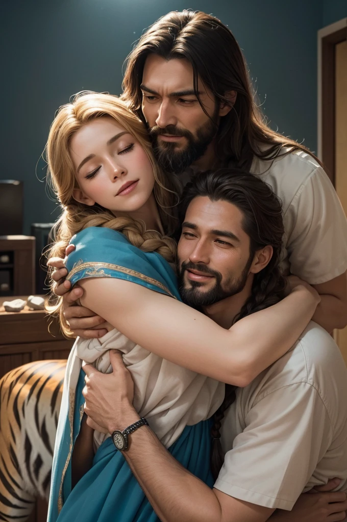 a film image of biblical Jesus joyfully embracing and welcoming a man into heaven, a very beautiful place in the sky, beautiful braid, Lions and Tigers, filme animado, 3d animado movie, ainda animado, filme animado, inspirado em Johannes Helgeson, Jesus wasted on a , animated film, filme