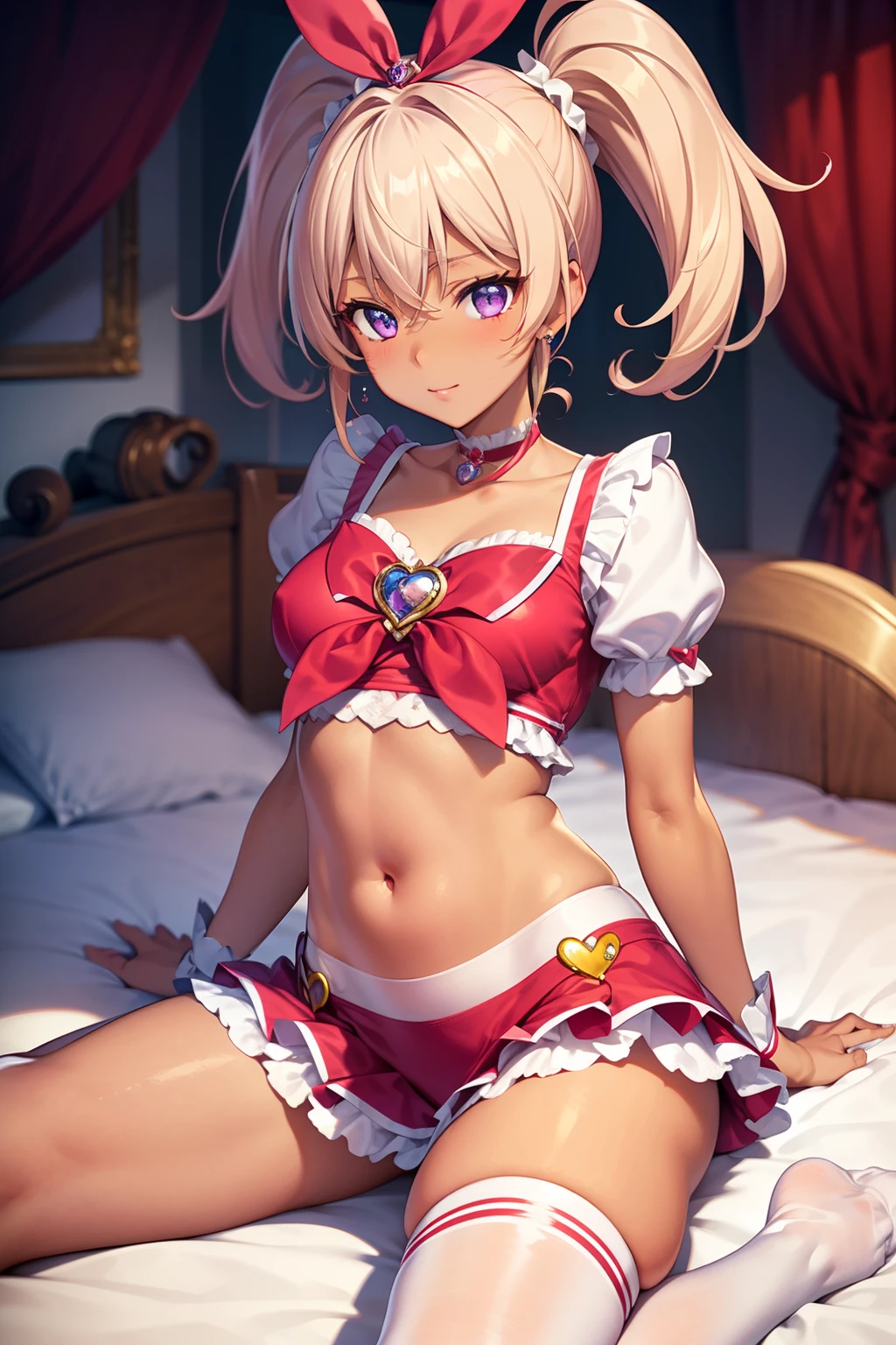 (Tabletop, Highest quality, Super detailed), One Girl, Purple eyes, Blonde Hair, Dark Skin, Short Hair、Perm Hair、((Thigh-high socks))、(Bedroom)、((Cure Melody))