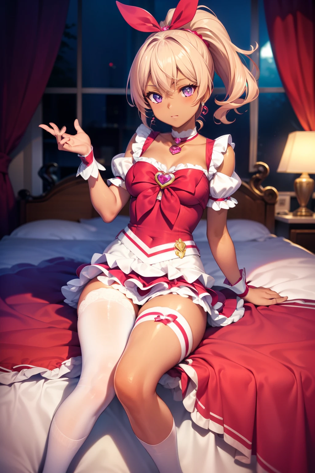 (Tabletop, Highest quality, Super detailed), One Girl, Purple eyes, Blonde Hair, Dark Skin, Short Hair、Perm Hair、((Thigh-high socks))、(Bedroom)、((Cure Melody))
