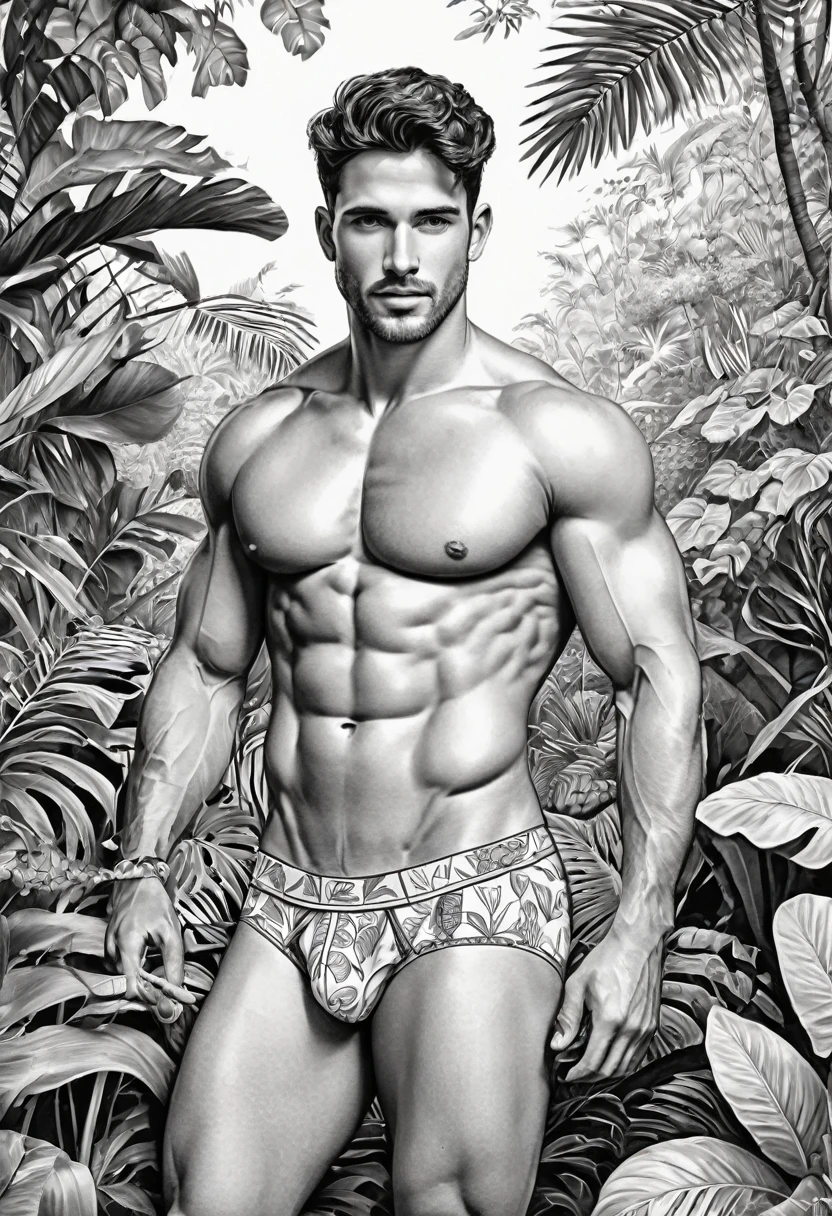 Coloring page for adults, com arte em preto e branco, um homem bonito, com lindos olhos, vestindo apenas cueca brancos, com estilo cativante, galante, sedutor, muito sensual, sexually provocative action, large volume of penis highlighted in underwear, comprimento total do corpo, desenho ultra detalhado, this man is in a jungle, com uma bela paisagem, estilo realista, fundo branco, sketch style, apenas contornos, estilo de desenho animado, Linhas finas, livro de colorir, Linhas limpas, sharp lines, arte de linha limpa altamente detalhada, obras de arte requintadas.