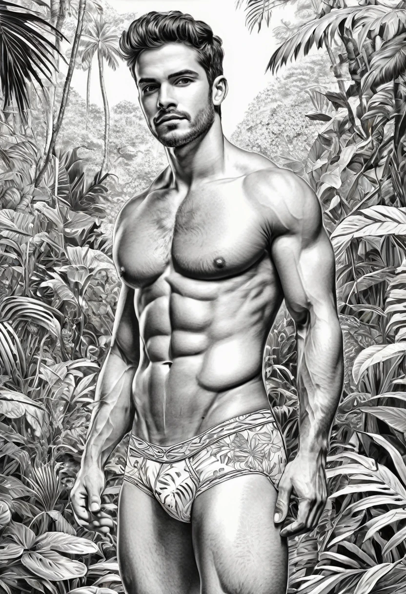 Coloring page for adults, com arte em preto e branco, um homem bonito, com lindos olhos, vestindo apenas cueca brancos, com estilo cativante, galante, sedutor, muito sensual, sexually provocative action, large volume of penis highlighted in underwear, comprimento total do corpo, desenho ultra detalhado, this man is in a jungle, com uma bela paisagem, estilo realista, fundo branco, sketch style, apenas contornos, estilo de desenho animado, Linhas finas, livro de colorir, Linhas limpas, sharp lines, arte de linha limpa altamente detalhada, obras de arte requintadas.