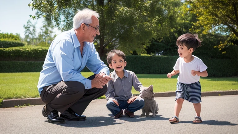 an old man playing with his two male grandchildren