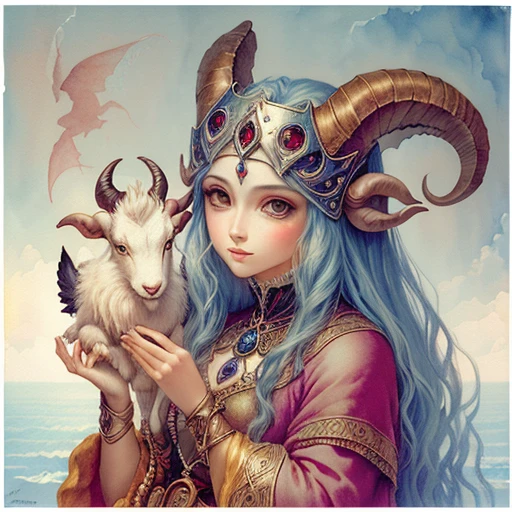 painting of a woman in a horned mask holding a bird, inspired by Leonora Carrington, fantasy watercolor, inspired by Remedios Varo, inspired by Brian Froud, by Caroline Chariot-Dayez, with horns, fantasy water color, brian froud style, horned ram goddess, portrait of a female demon, inspired by Samuel Hieronymus Grimm, demon woman