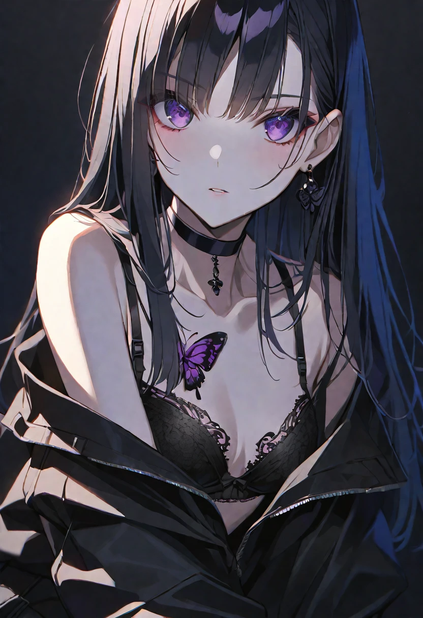 solo, handsome, 
1. Female,
Hime cut,Straight Hair,Bob Hair, 
black hair, 
Nakano Yotsuba,
purple Eyes,Soft look,beautiful,beautiful,Sexy,Darkness,butterfly Tattoo,Lots of black earrings,choker,
black Off Shoulder,black Distressed jeans,Bra,
skin,Black Rose,
black  バー background,