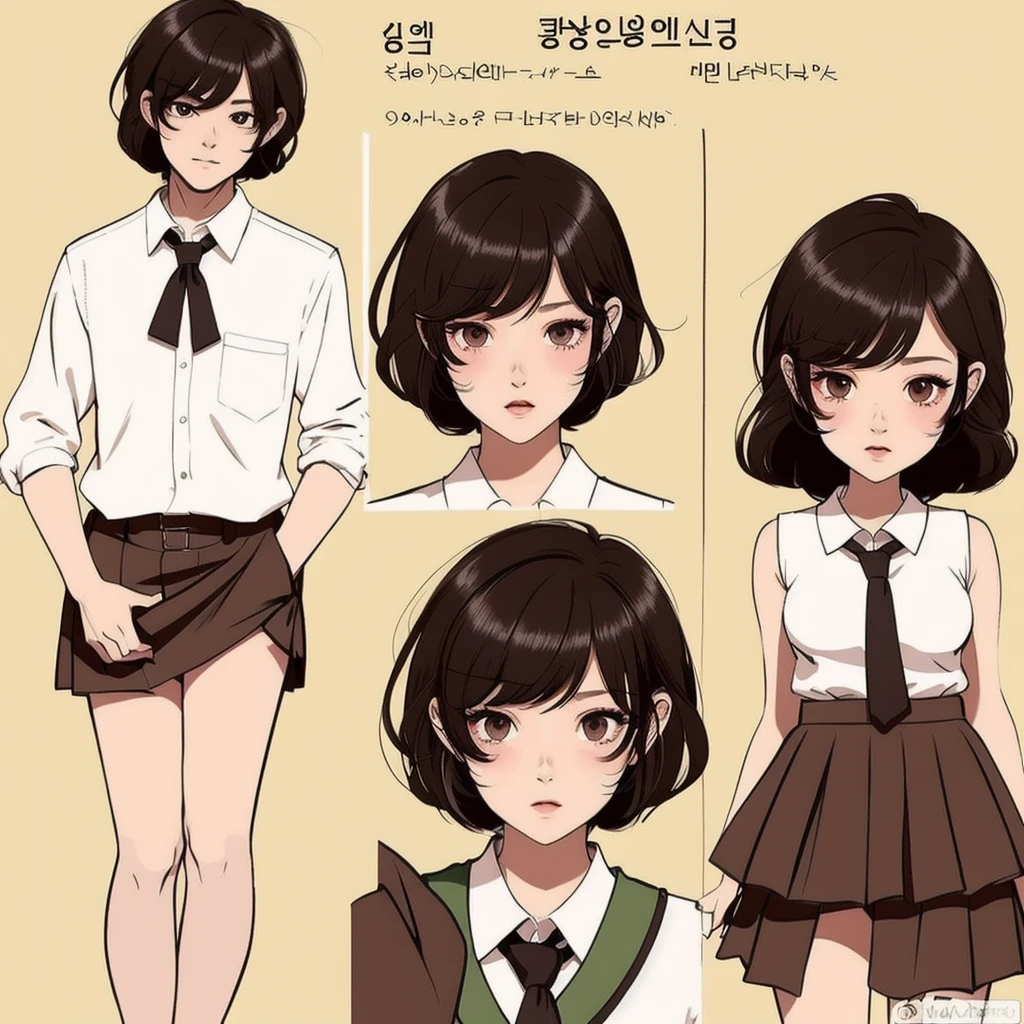 *e.g. Very Cute boy, Blush lips, Round cute eyes, long eye lashes, Brown eyes, Japanese and Korean, Very Short Black hair, Very Feminine Face, Warm blush on face, Manwha art style, masterpiece, well draw, Male, Bl art style, thick thighs, thick butt, Min skirt, Female School clothes, Femboy, Male, feminine male*