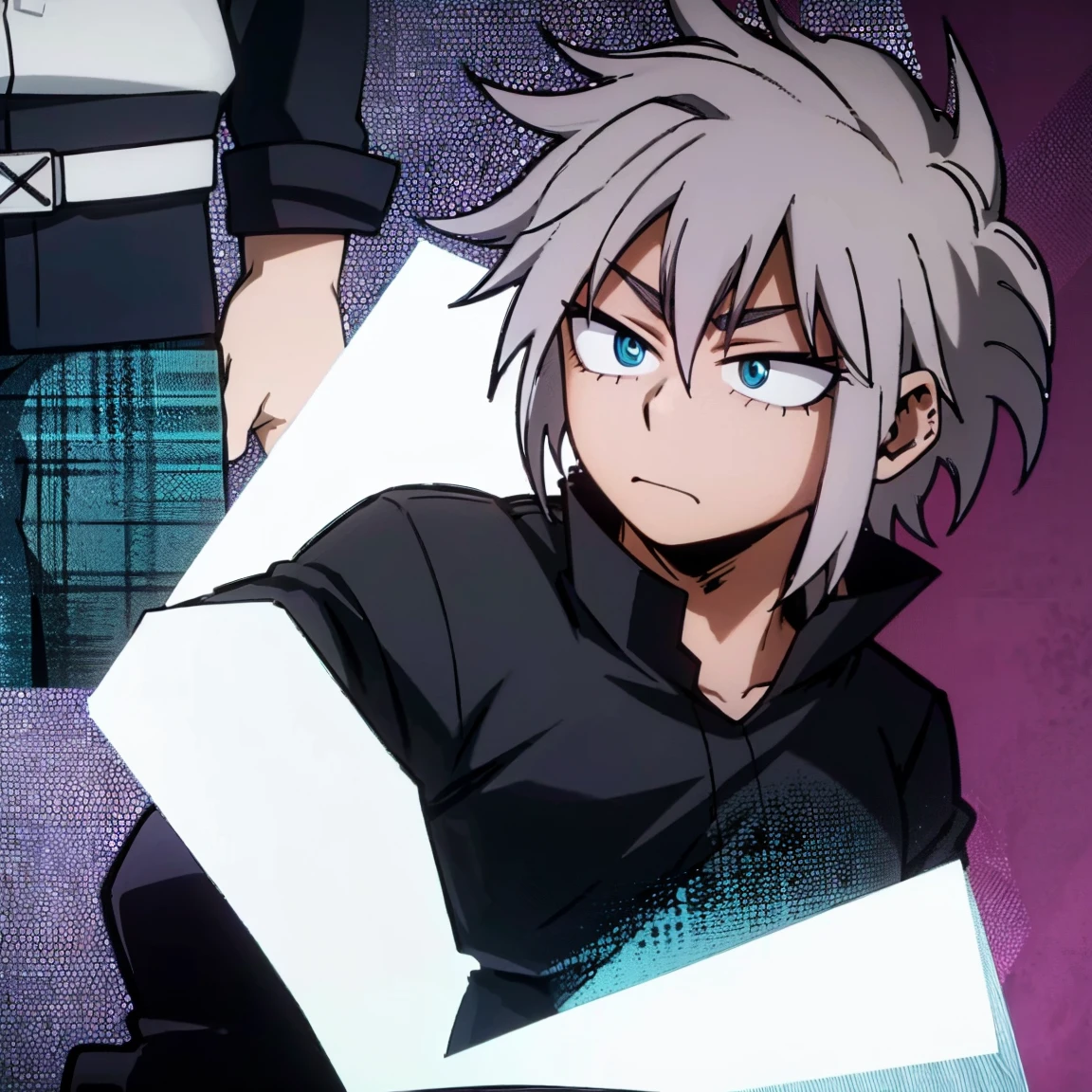 1boy, male focus, boku no hero academia, masterpiece, best quality, very aesthetic, muscular body, spiked up hair, faded purple hair, blue eyes, frown, gray jacket, red tie, white shirt, teal pants, boots 