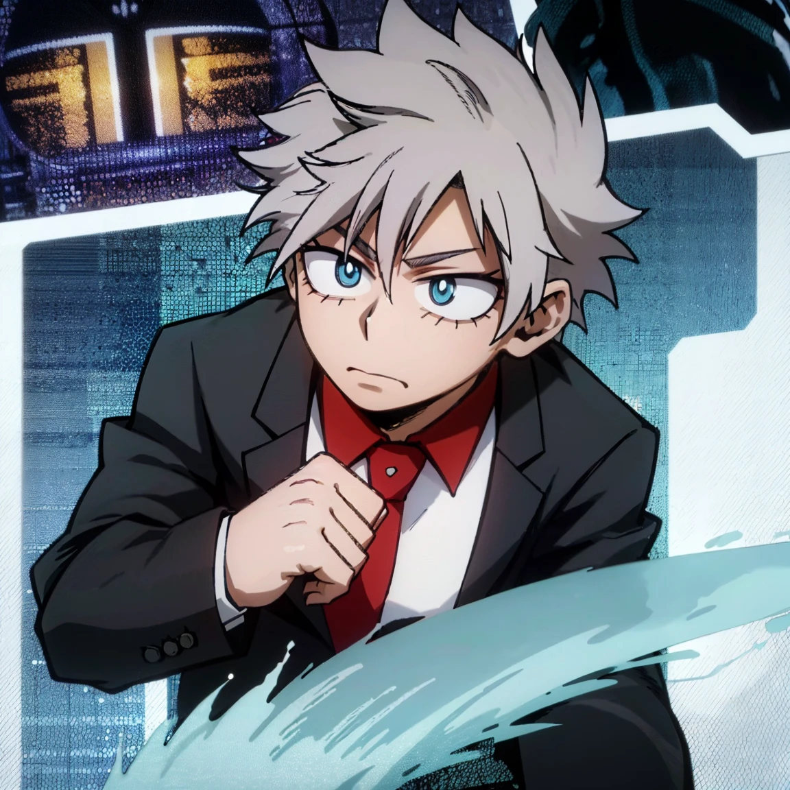 1boy, male focus, boku no hero academia, masterpiece, best quality, very aesthetic, muscular body, spiked up hair, faded purple hair, blue eyes, frown, gray jacket, red tie, white shirt, teal pants, boots 